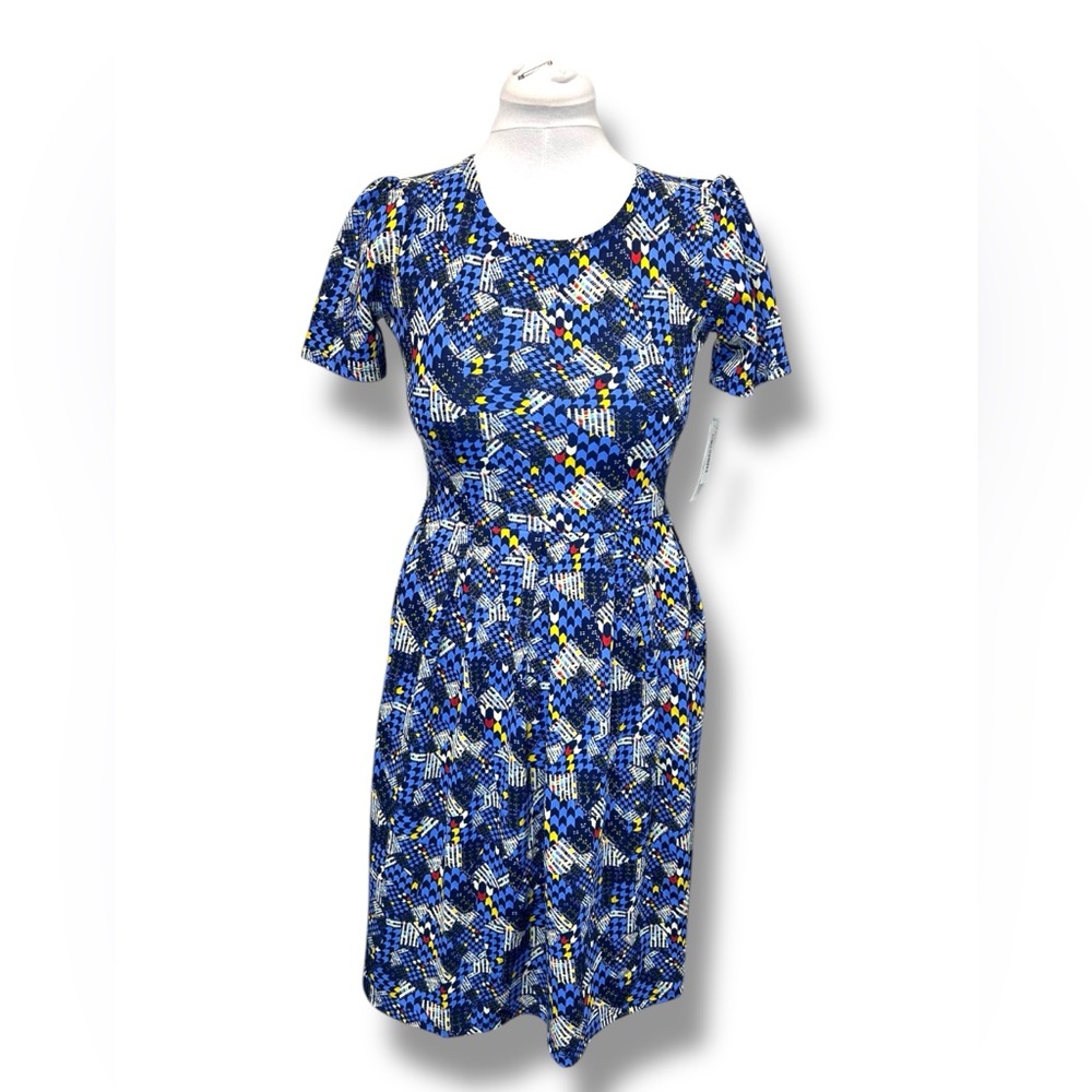 LulaRoe Women’s Amelia Dress 60s Mod Retro Bold Color Geometric Navy M 10/12
